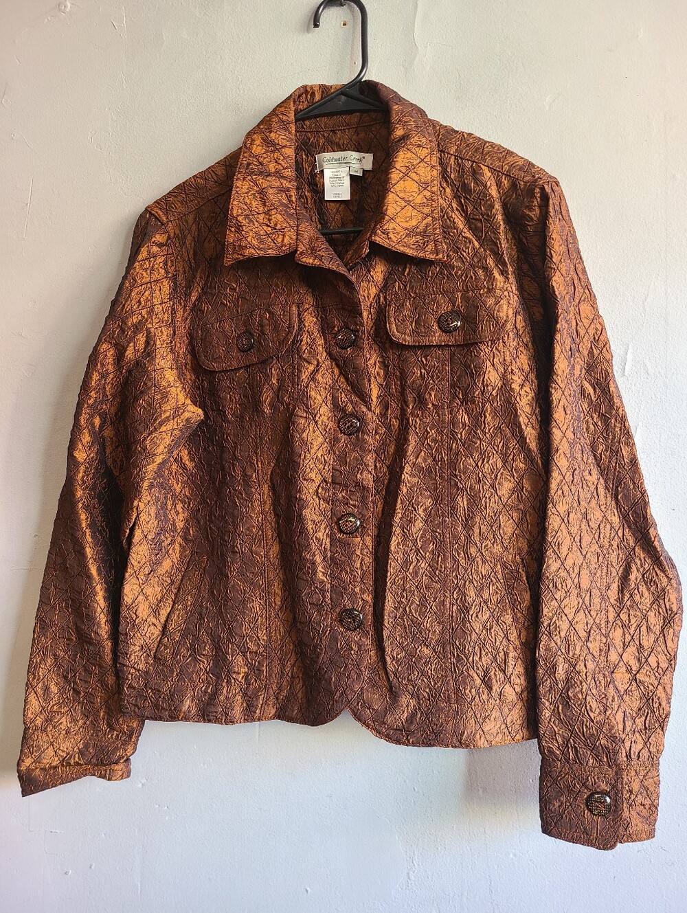 Women's medium dark brown metallic quilted button up jacket Coldwater Creek
